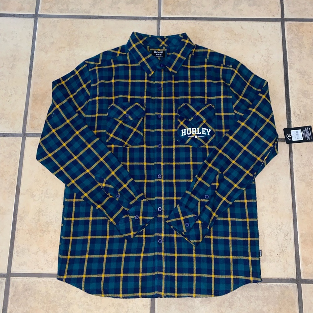 Men’s Hurley Plaid Flannel Button Up Long Sleeve Shirt, Medium, Green/Yellow